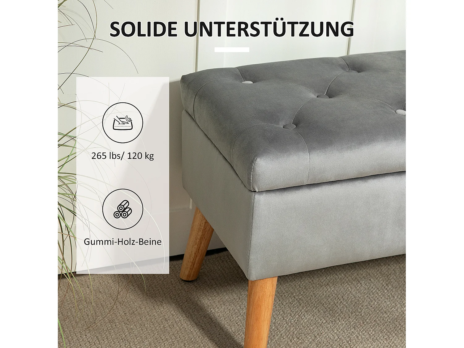 Banc de rangement avec assise rembourrée, design élégant, polyester et bois d'hévéa, gris (102x35x43cm)