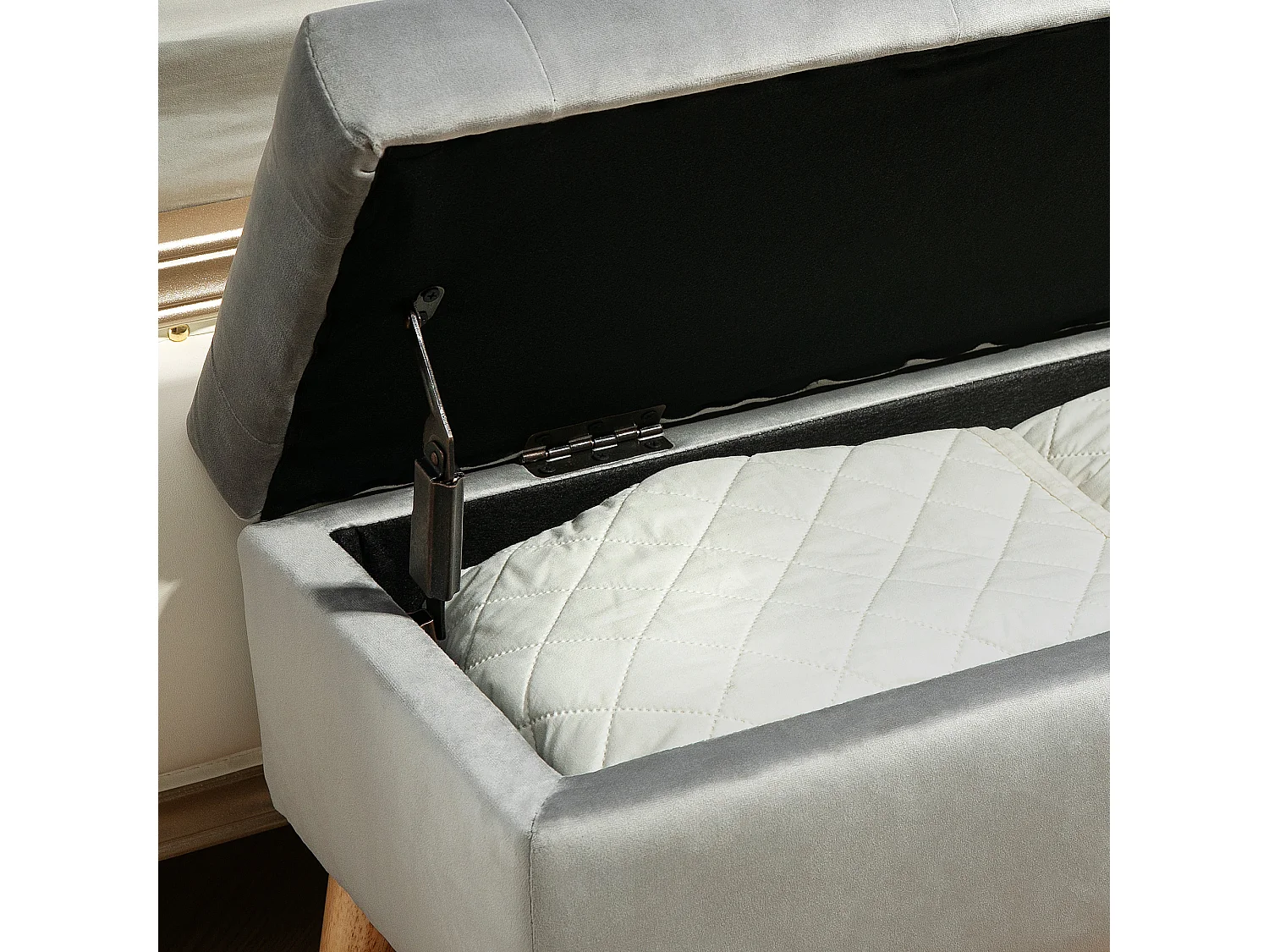 Banc de rangement avec assise rembourrée, design élégant, polyester et bois d'hévéa, gris (102x35x43cm)