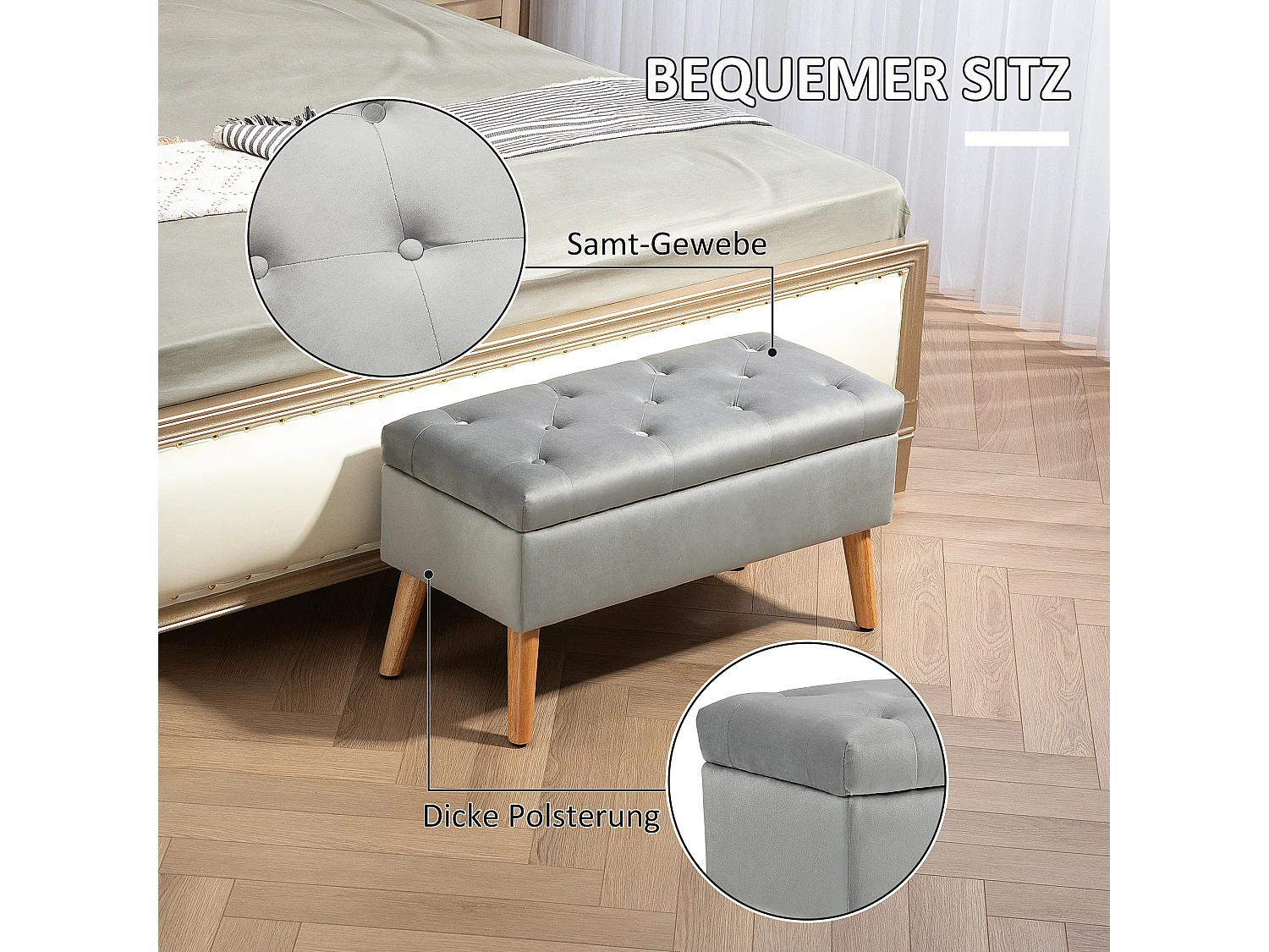 Banc de rangement avec assise rembourrée, design élégant, polyester et bois d'hévéa, gris (102x35x43cm)
