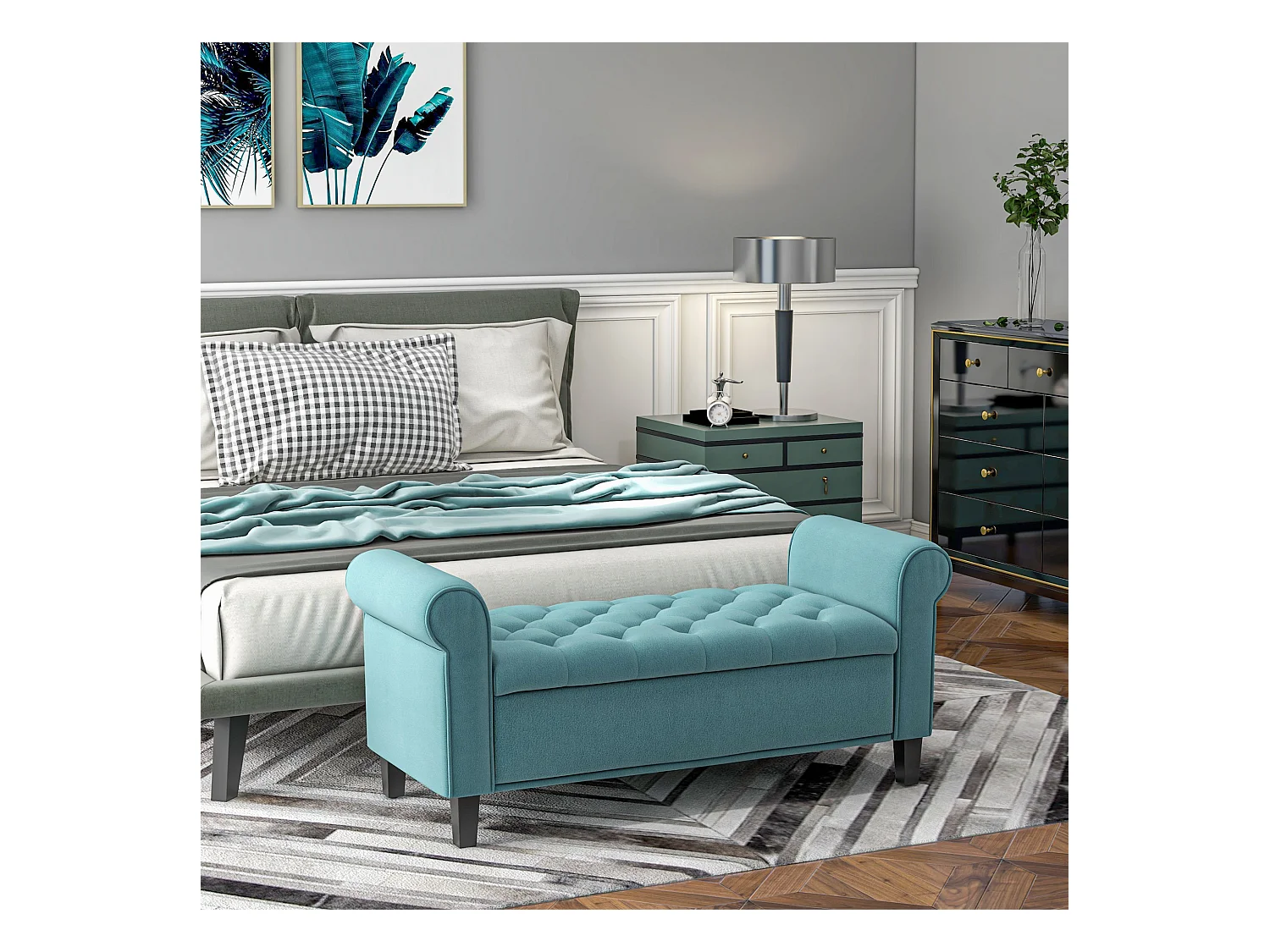 Banc de lit rembourré en velours, avec rangement intégré, polyester, vert (126x48.5x57 cm)