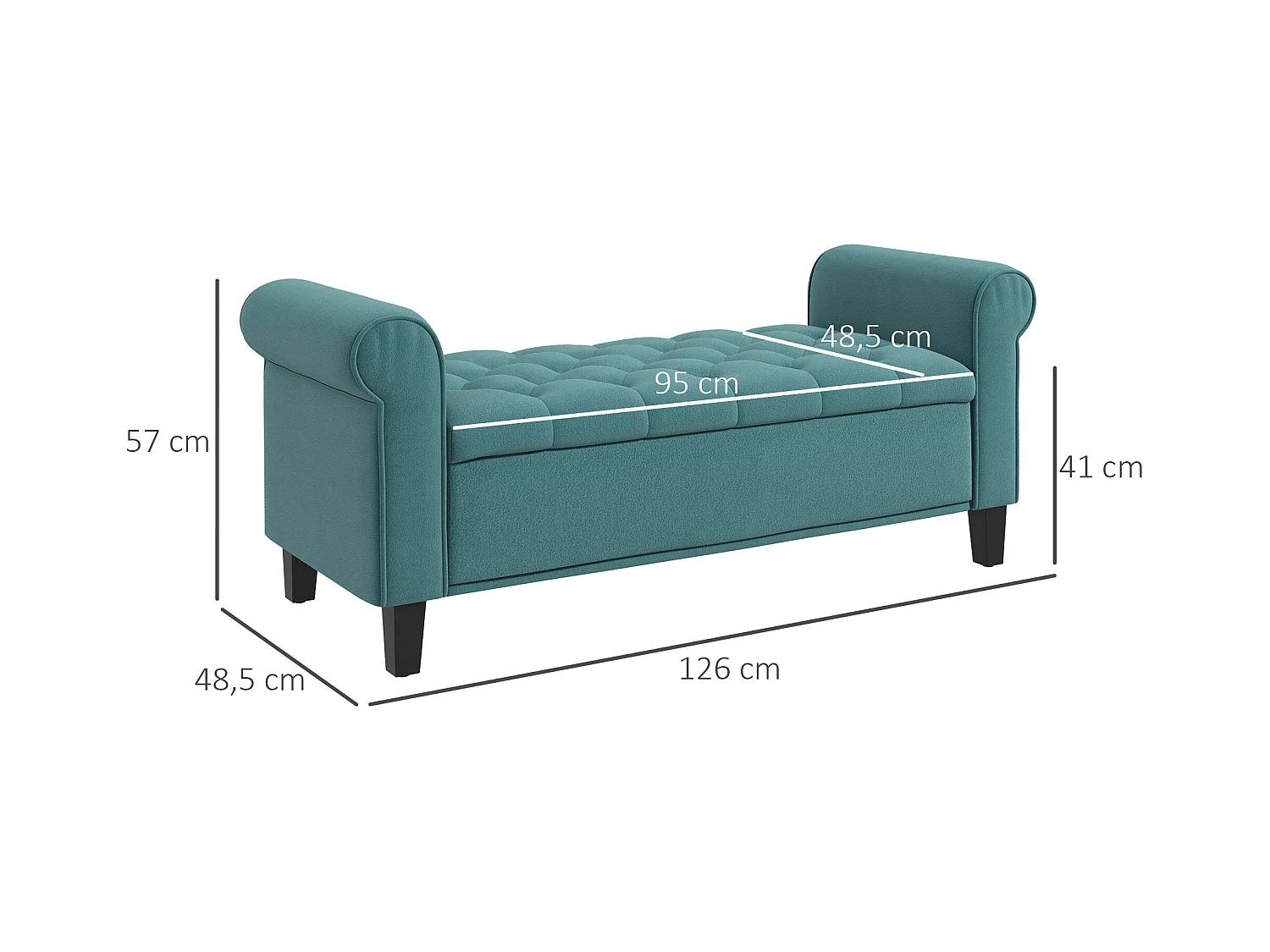Banc de lit rembourré en velours, avec rangement intégré, polyester, vert (126x48.5x57 cm)