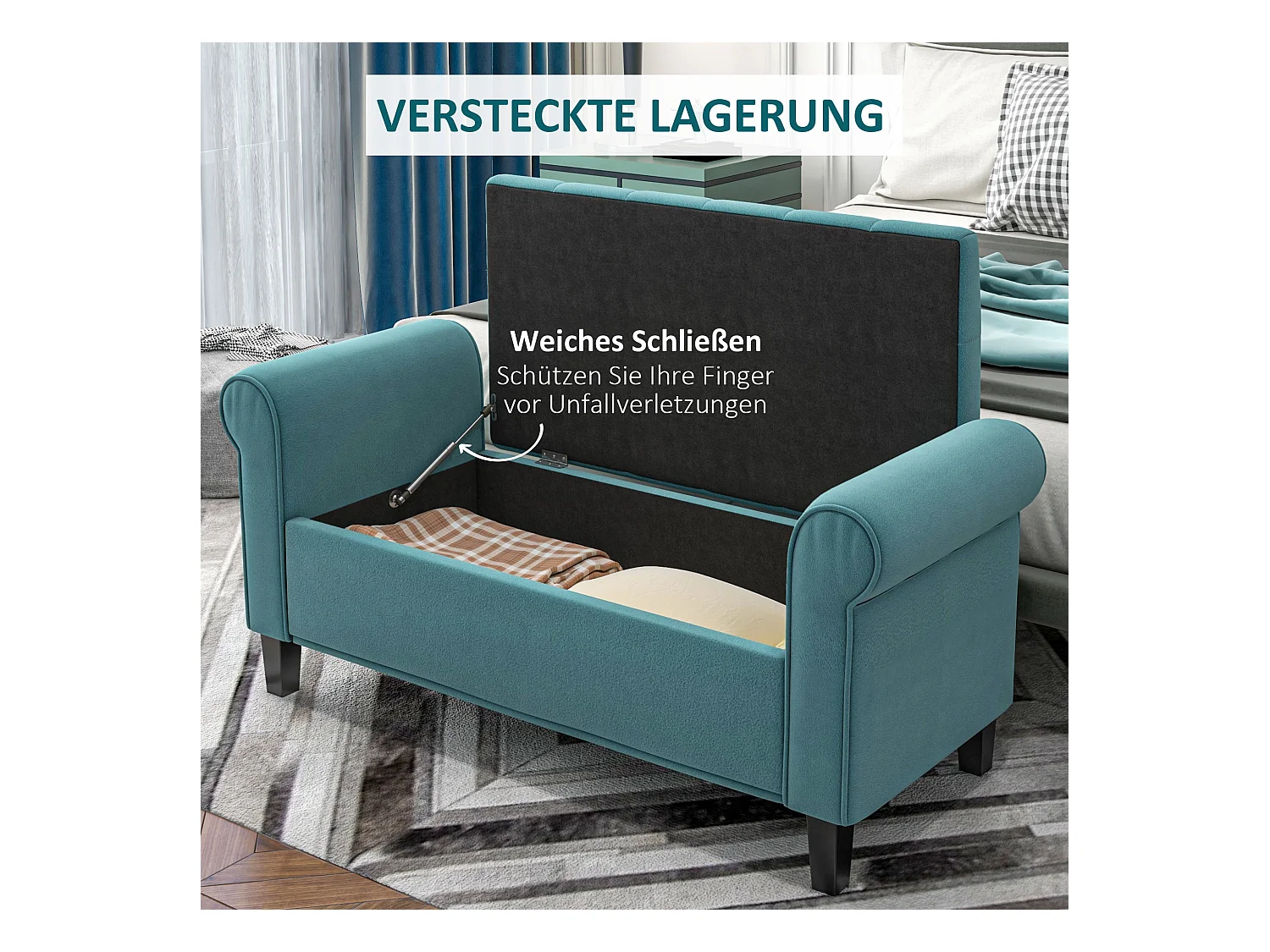 Banc de lit rembourré en velours, avec rangement intégré, polyester, vert (126x48.5x57 cm)