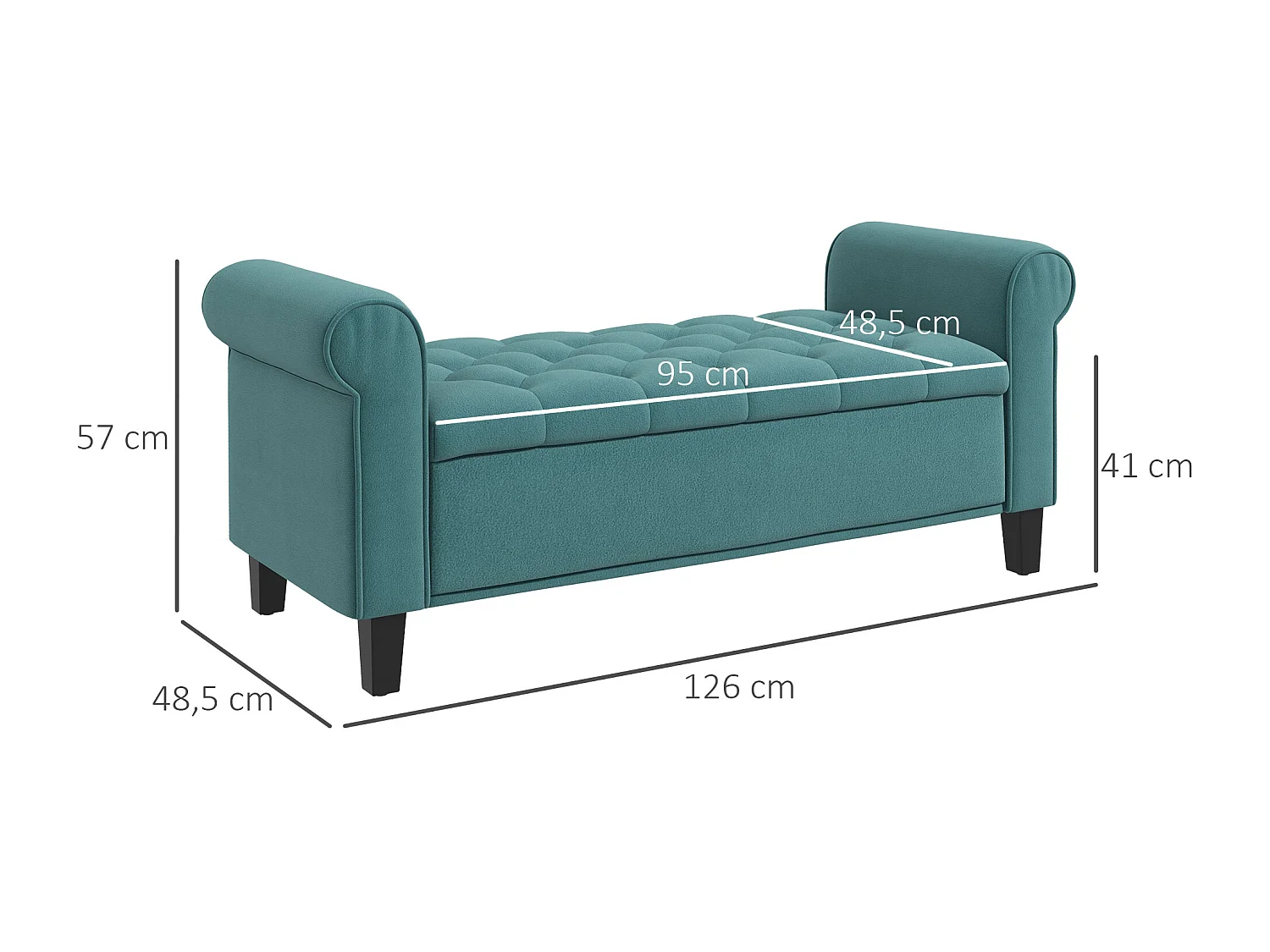 Banc de lit rembourré en velours, avec rangement intégré, polyester, vert (126x48.5x57 cm)