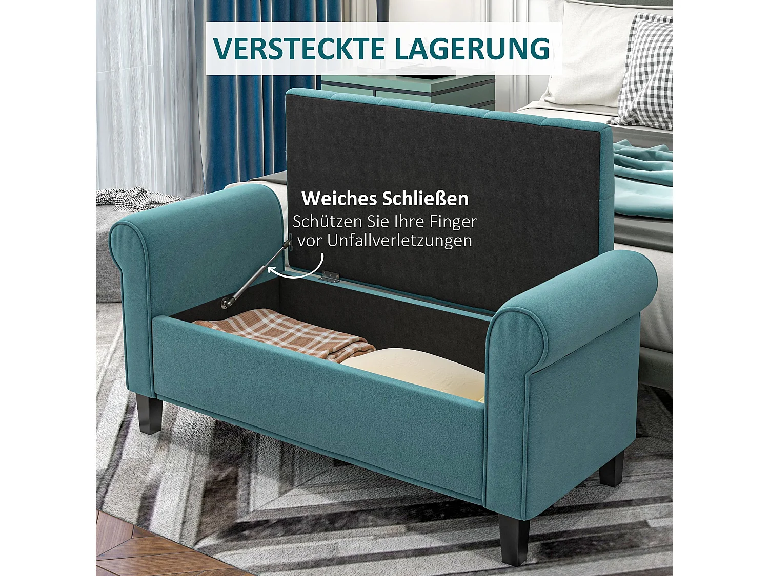 Banc de lit rembourré en velours, avec rangement intégré, polyester, vert (126x48.5x57 cm)