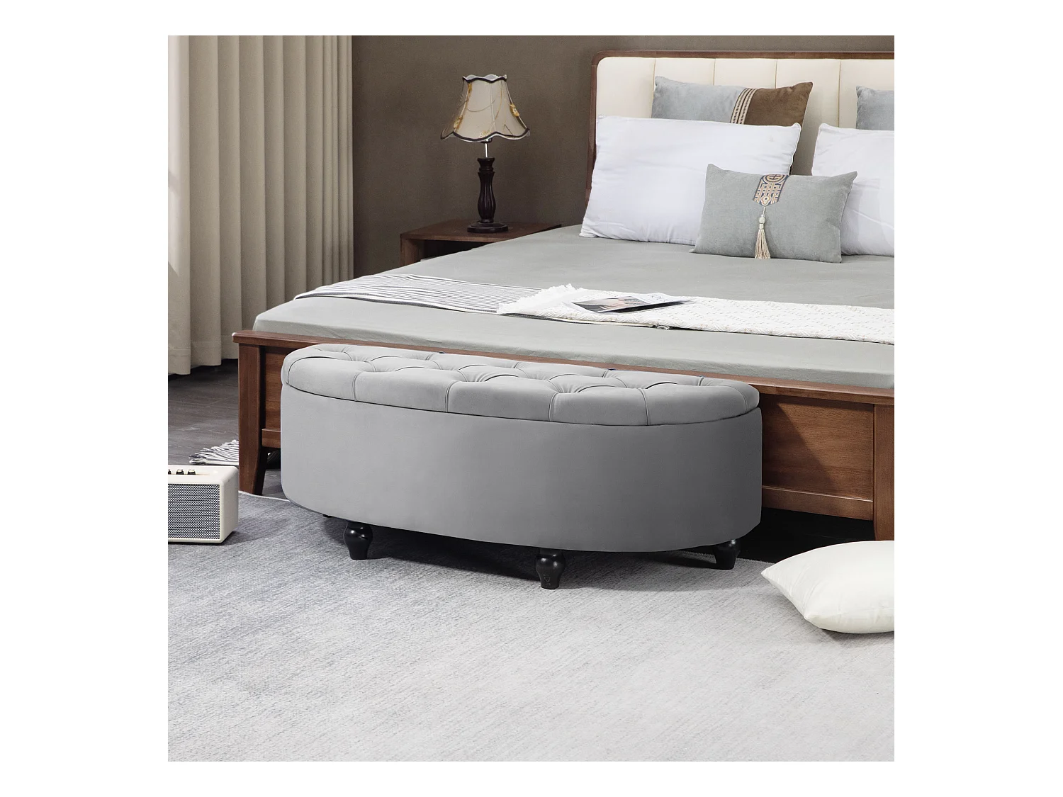 Banc de rangement avec assise velours, polyester et bois, gris (120x46x42 cm)