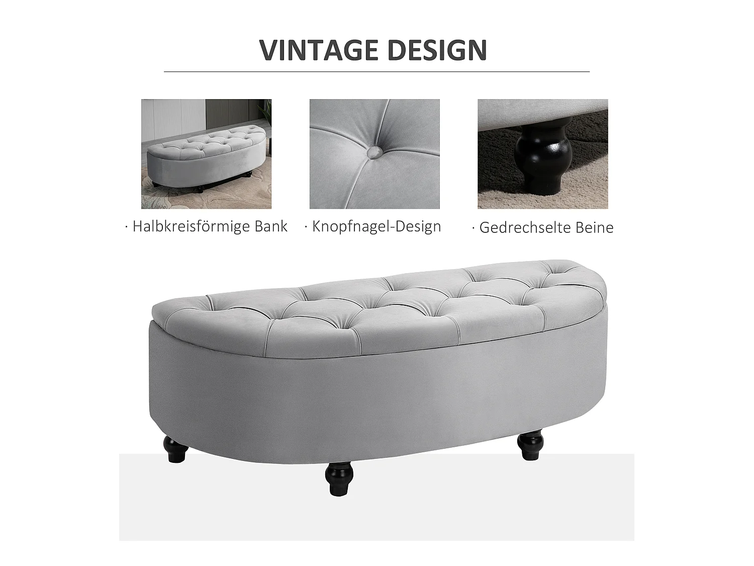 Banc de rangement avec assise velours, polyester et bois, gris (120x46x42 cm)