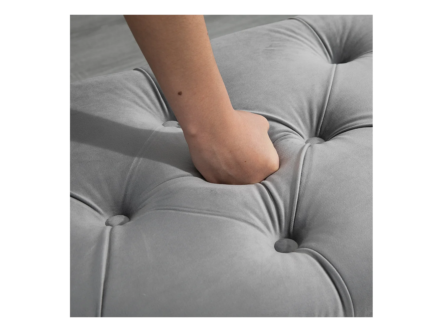 Banc de rangement avec assise velours, polyester et bois, gris (120x46x42 cm)