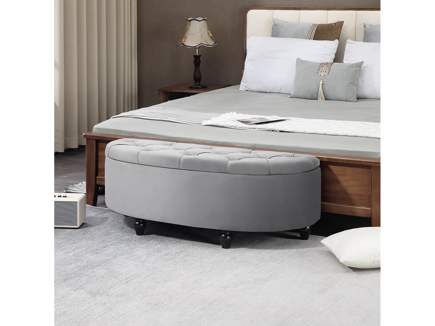 Banc de rangement avec assise velours, polyester et bois, gris (120x46x42 cm)