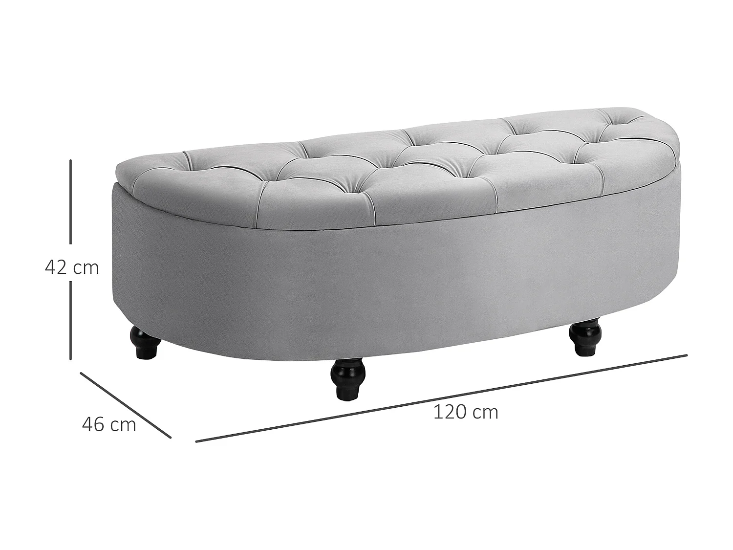 Banc de rangement avec assise velours, polyester et bois, gris (120x46x42 cm)