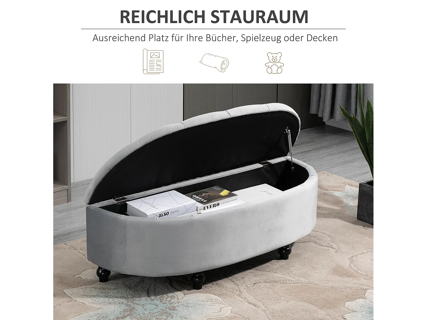 Banc de rangement avec assise velours, polyester et bois, gris (120x46x42 cm)