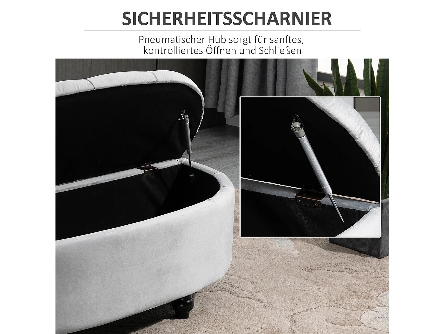 Banc de rangement avec assise velours, polyester et bois, gris (120x46x42 cm)