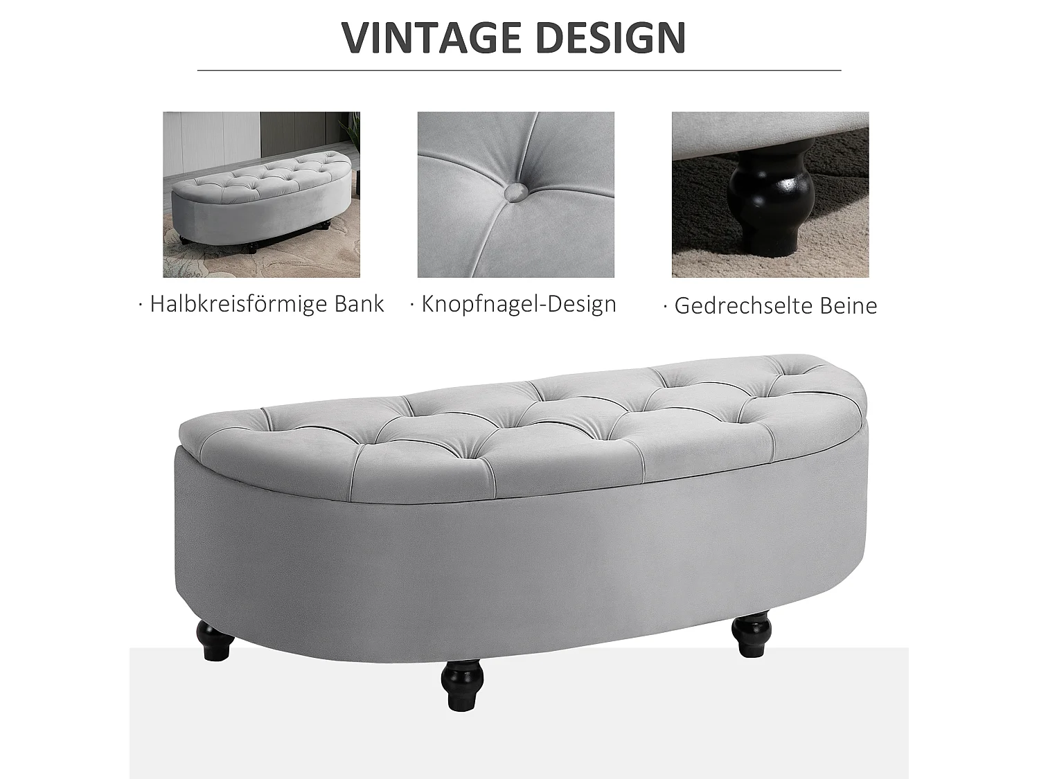 Banc de rangement avec assise velours, polyester et bois, gris (120x46x42 cm)