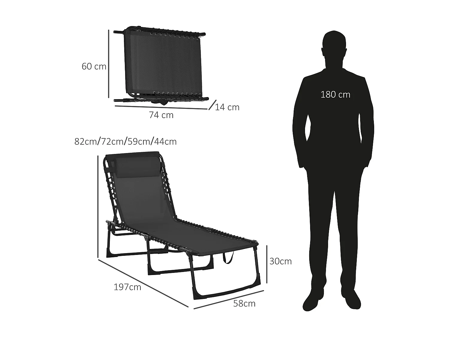 Chaise longue pliante, 4 positions réglables, acier et tissu respirant, noir (197x58x30-103 cm)