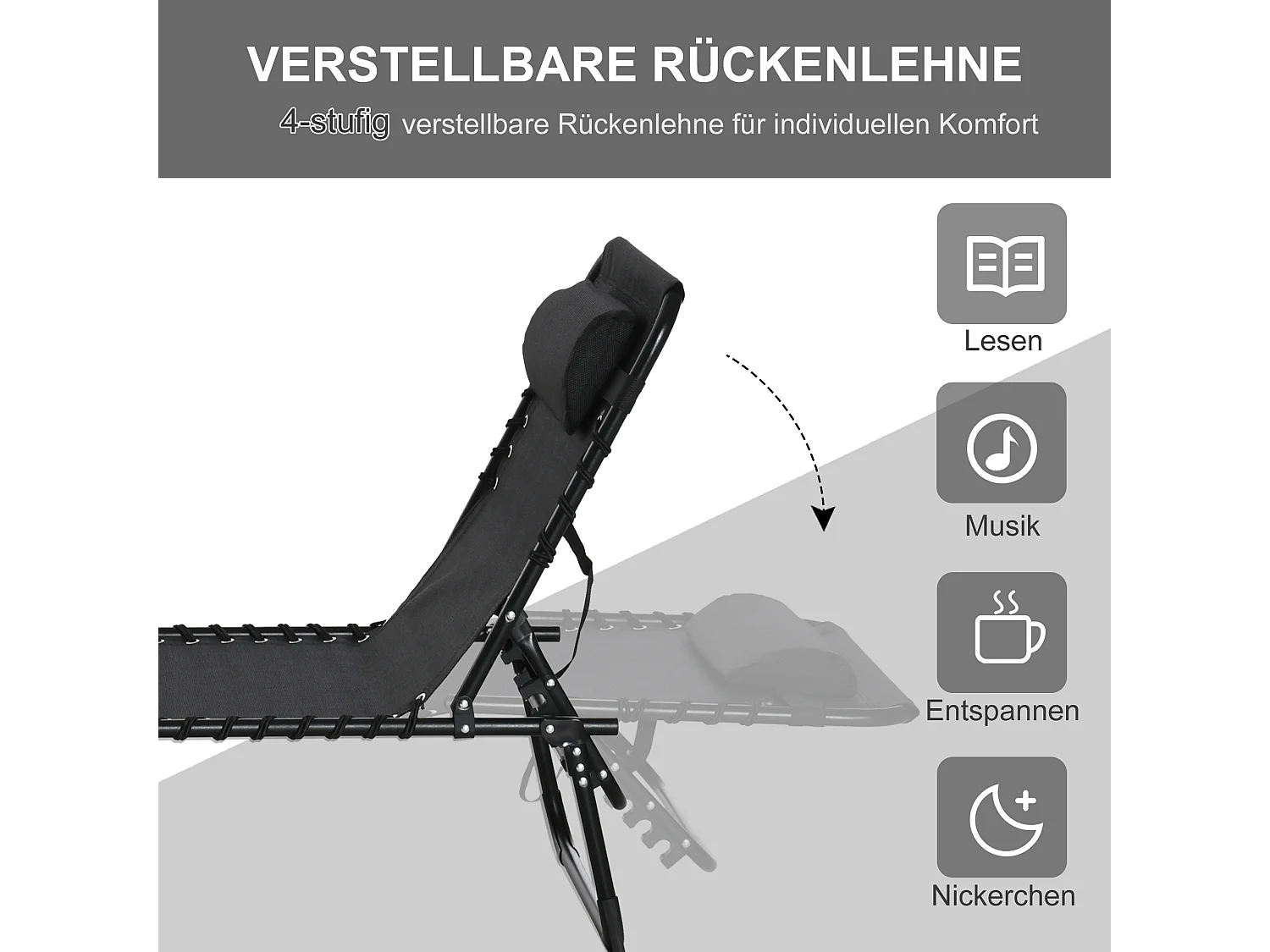 Chaise longue pliante, 4 positions réglables, acier et tissu respirant, noir (197x58x30-103 cm)