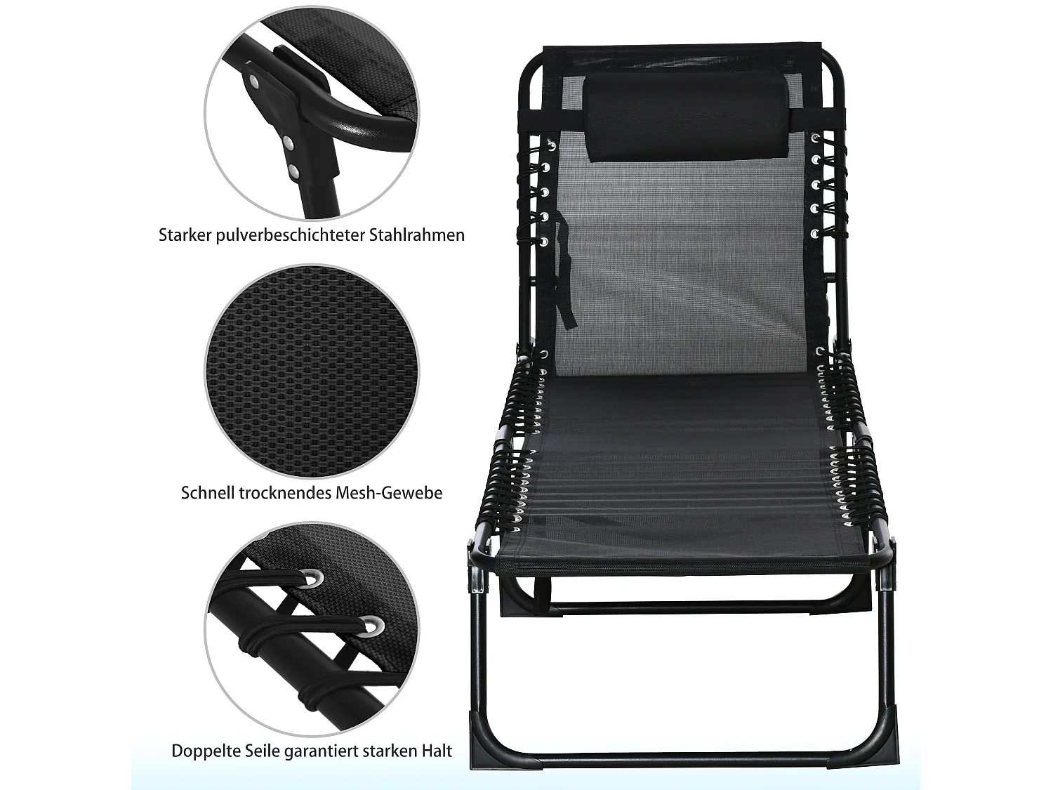 Chaise longue pliante, 4 positions réglables, acier et tissu respirant, noir (197x58x30-103 cm)