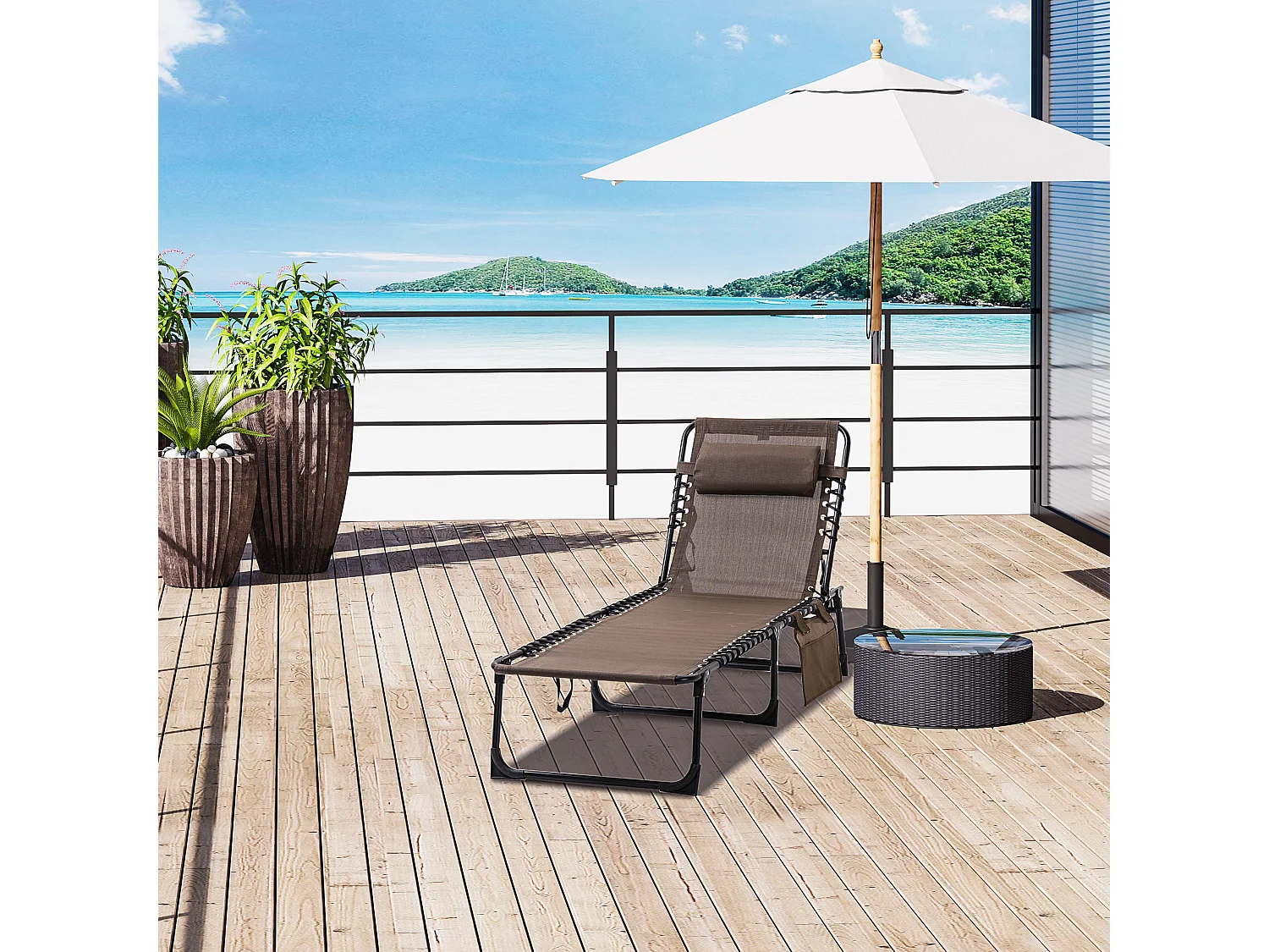 Opvouwbare loungestoel met 5-posities verstelbare rugleuning, duurzame polyesterstof, bruin (185x58x30cm)