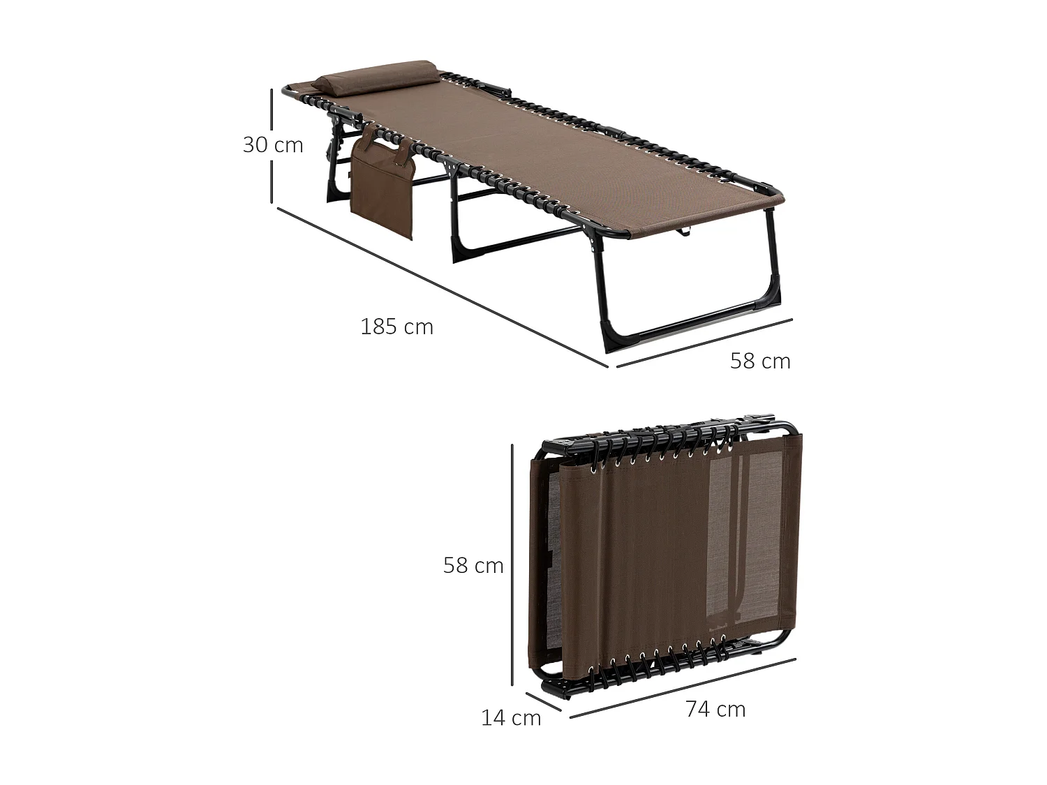 Opvouwbare loungestoel met 5-posities verstelbare rugleuning, duurzame polyesterstof, bruin (185x58x30cm)