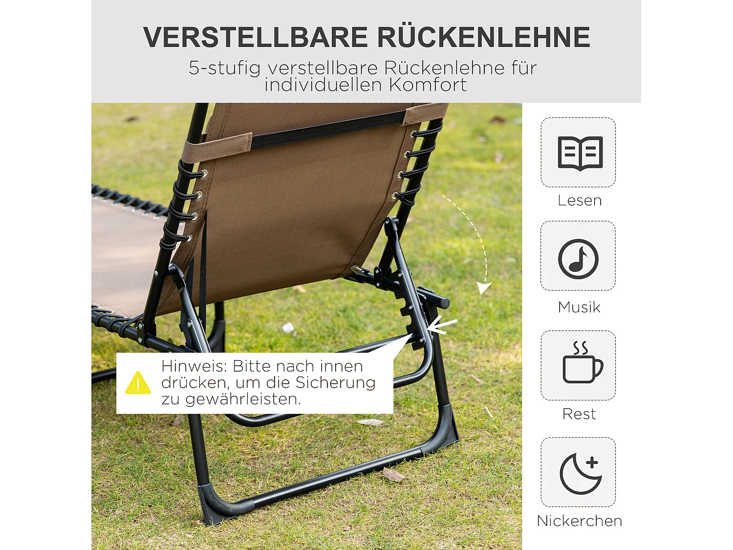 Opvouwbare loungestoel met 5-posities verstelbare rugleuning, duurzame polyesterstof, bruin (185x58x30cm)