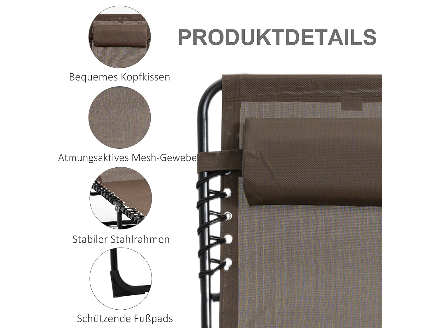 Opvouwbare loungestoel met 5-posities verstelbare rugleuning, duurzame polyesterstof, bruin (185x58x30cm)