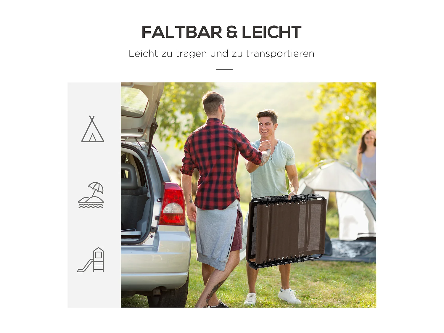 Opvouwbare loungestoel met 5-posities verstelbare rugleuning, duurzame polyesterstof, bruin (185x58x30cm)