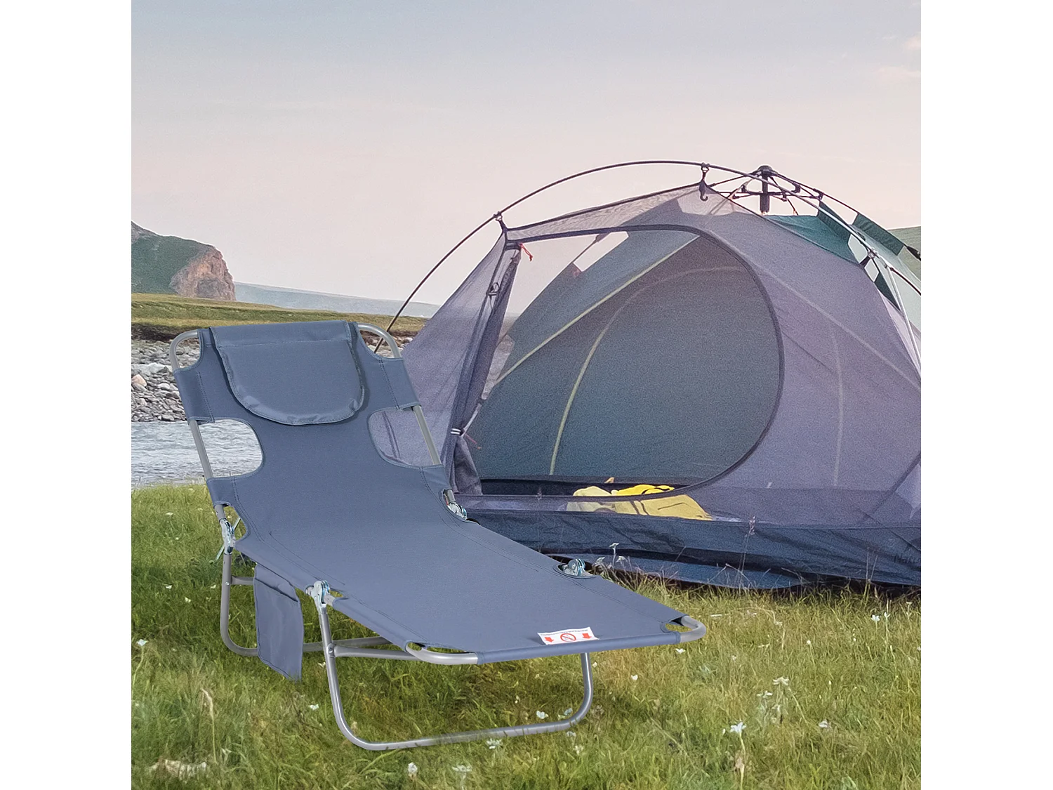 Chaise longue pliante avec dossier 5 positions, polyester, gris (185x55x29cm)