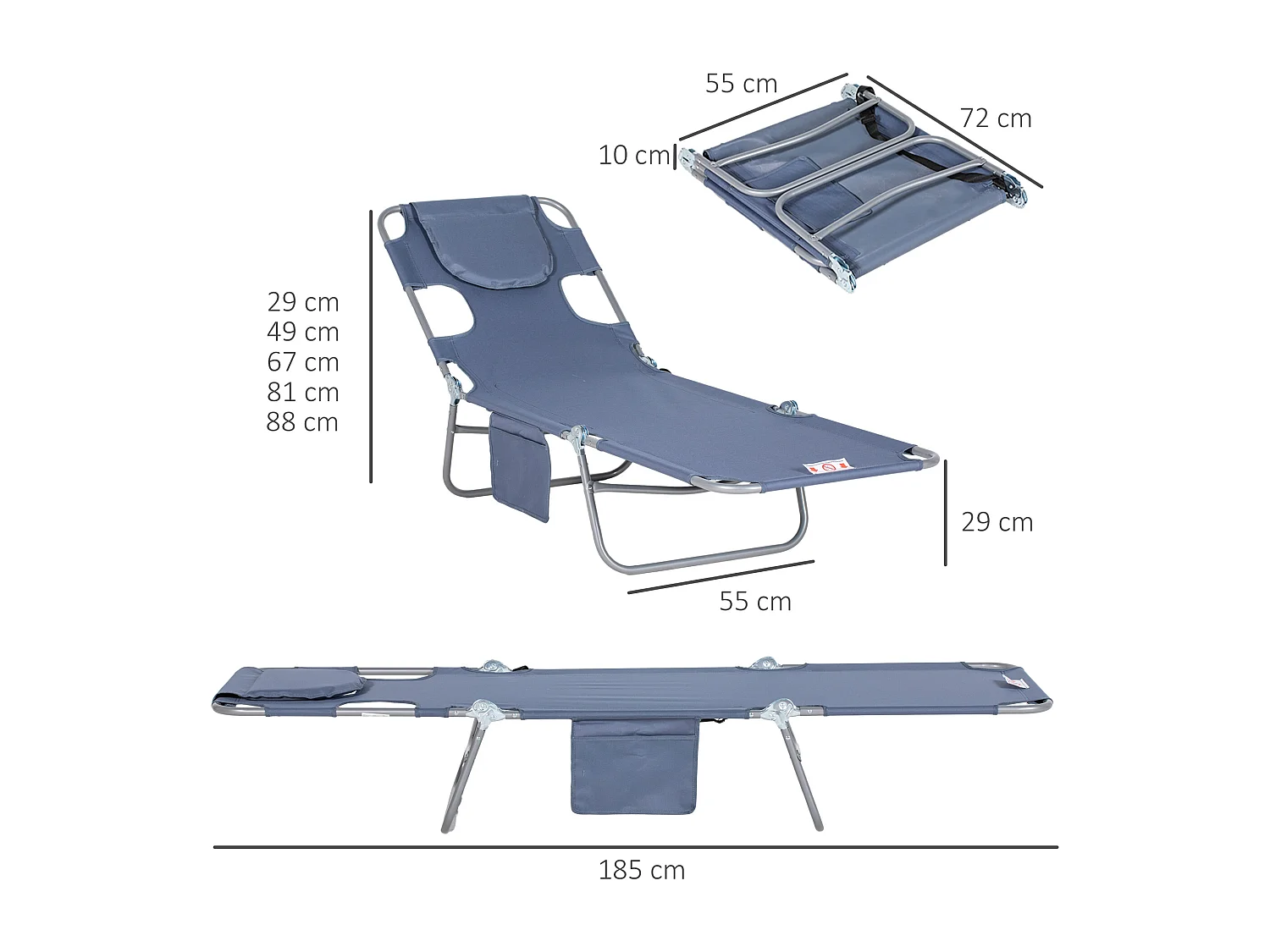 Chaise longue pliante avec dossier 5 positions, polyester, gris (185x55x29cm)