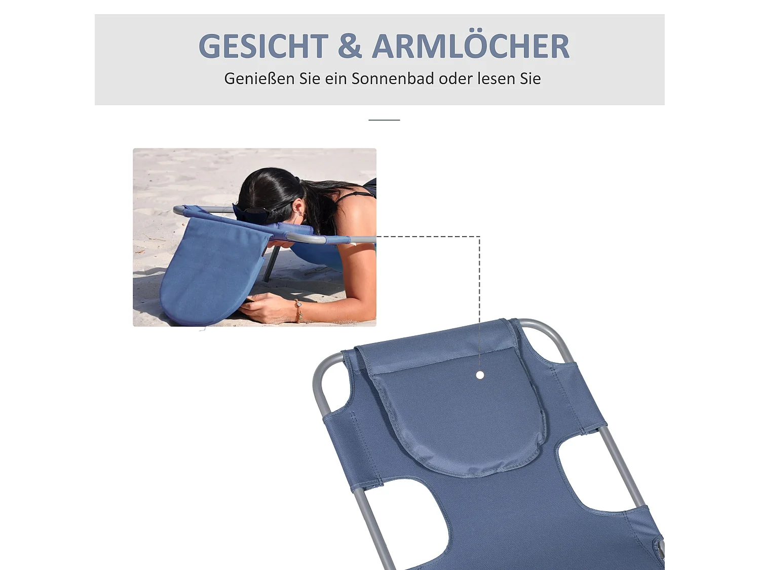 Chaise longue pliante avec dossier 5 positions, polyester, gris (185x55x29cm)