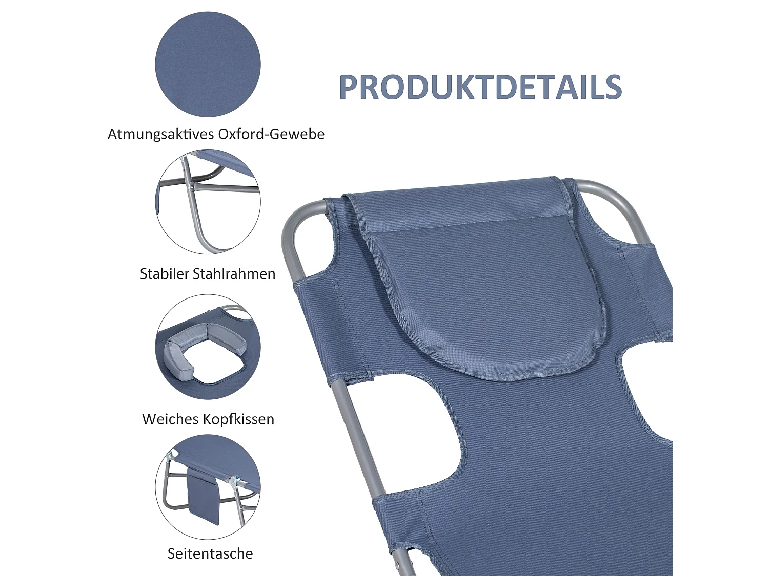 Chaise longue pliante avec dossier 5 positions, polyester, gris (185x55x29cm)