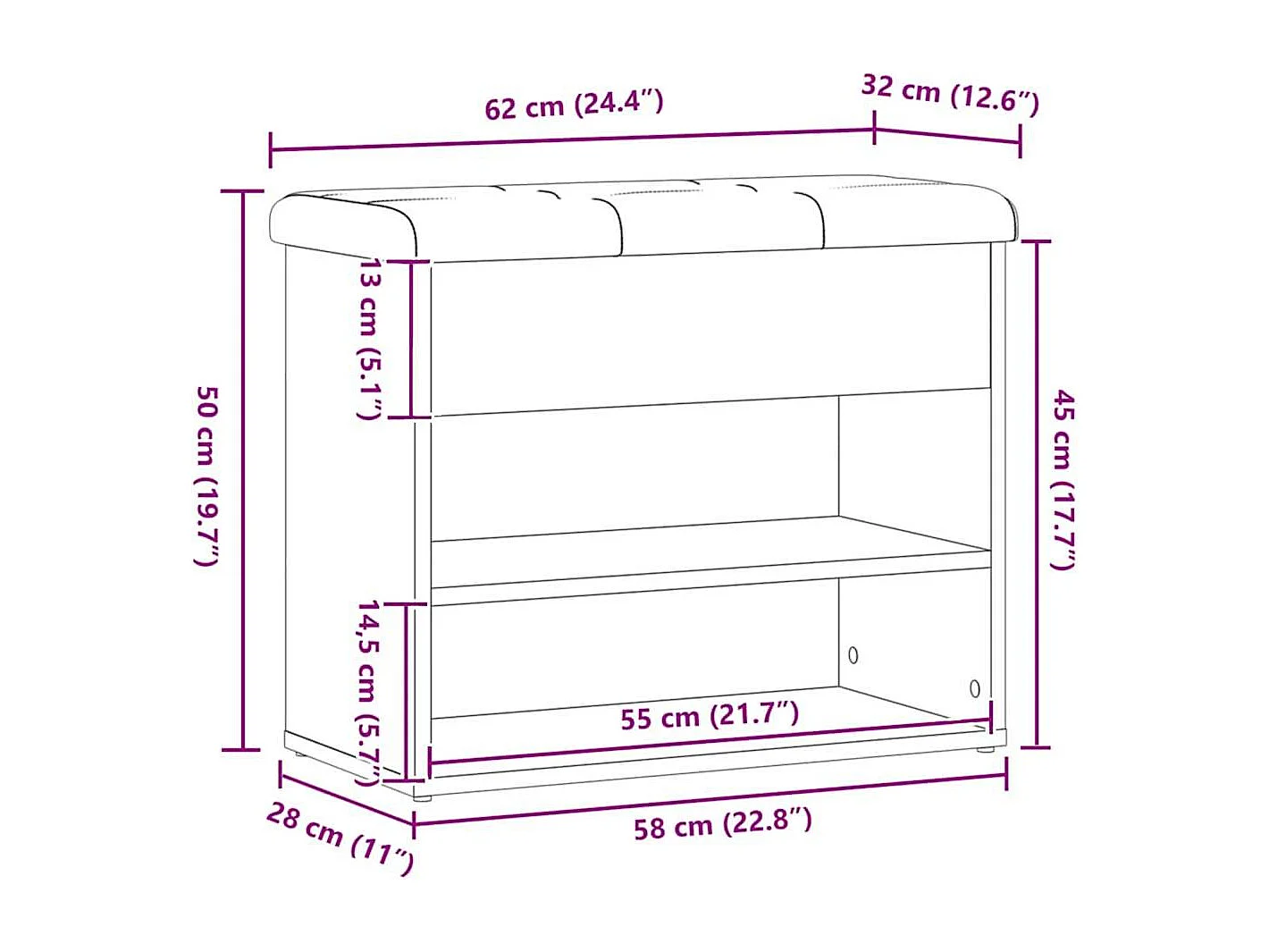Banc à chaussures chêne artisanal 62x32x50 cm bois d'ingénierie