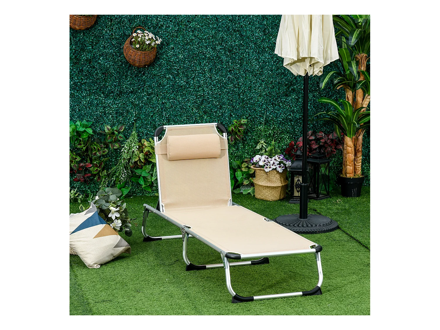 Chaise longue de jardin pliable, 5 positions réglables, aluminium, beige (170x60x76cm)