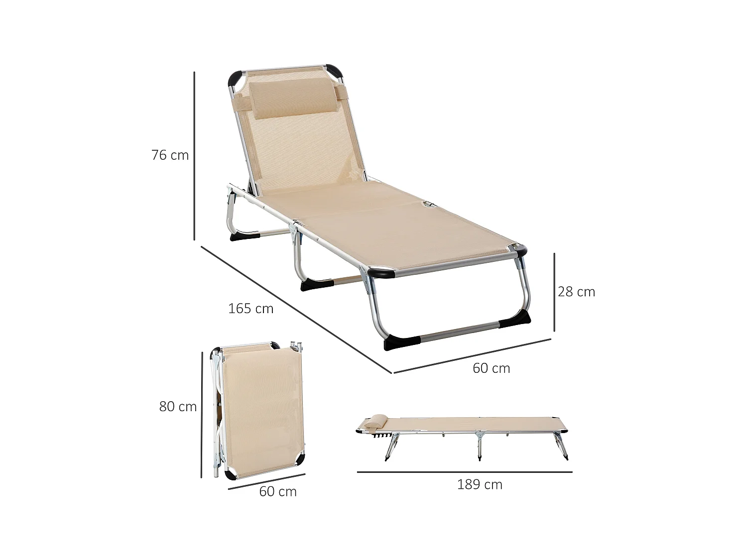 Chaise longue de jardin pliable, 5 positions réglables, aluminium, beige (170x60x76cm)