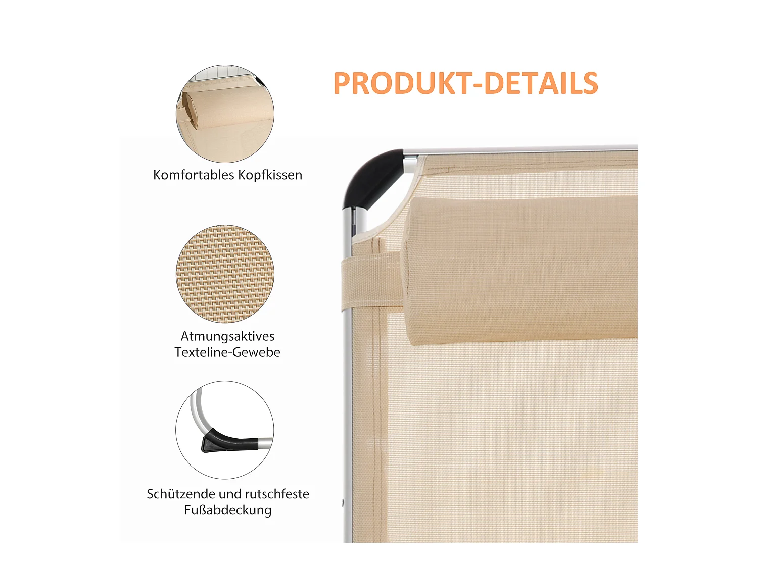 Chaise longue de jardin pliable, 5 positions réglables, aluminium, beige (170x60x76cm)