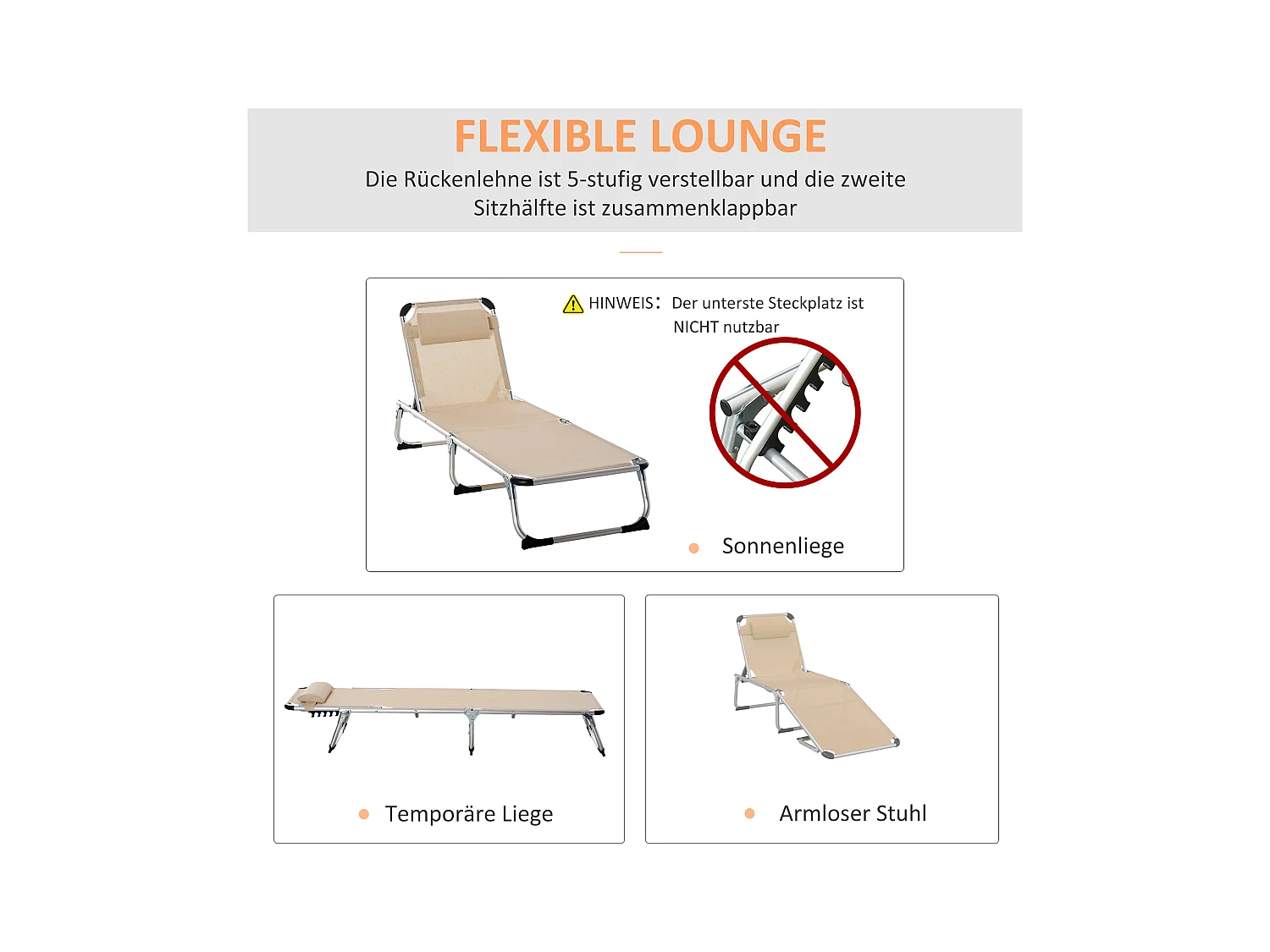 Chaise longue de jardin pliable, 5 positions réglables, aluminium, beige (170x60x76cm)