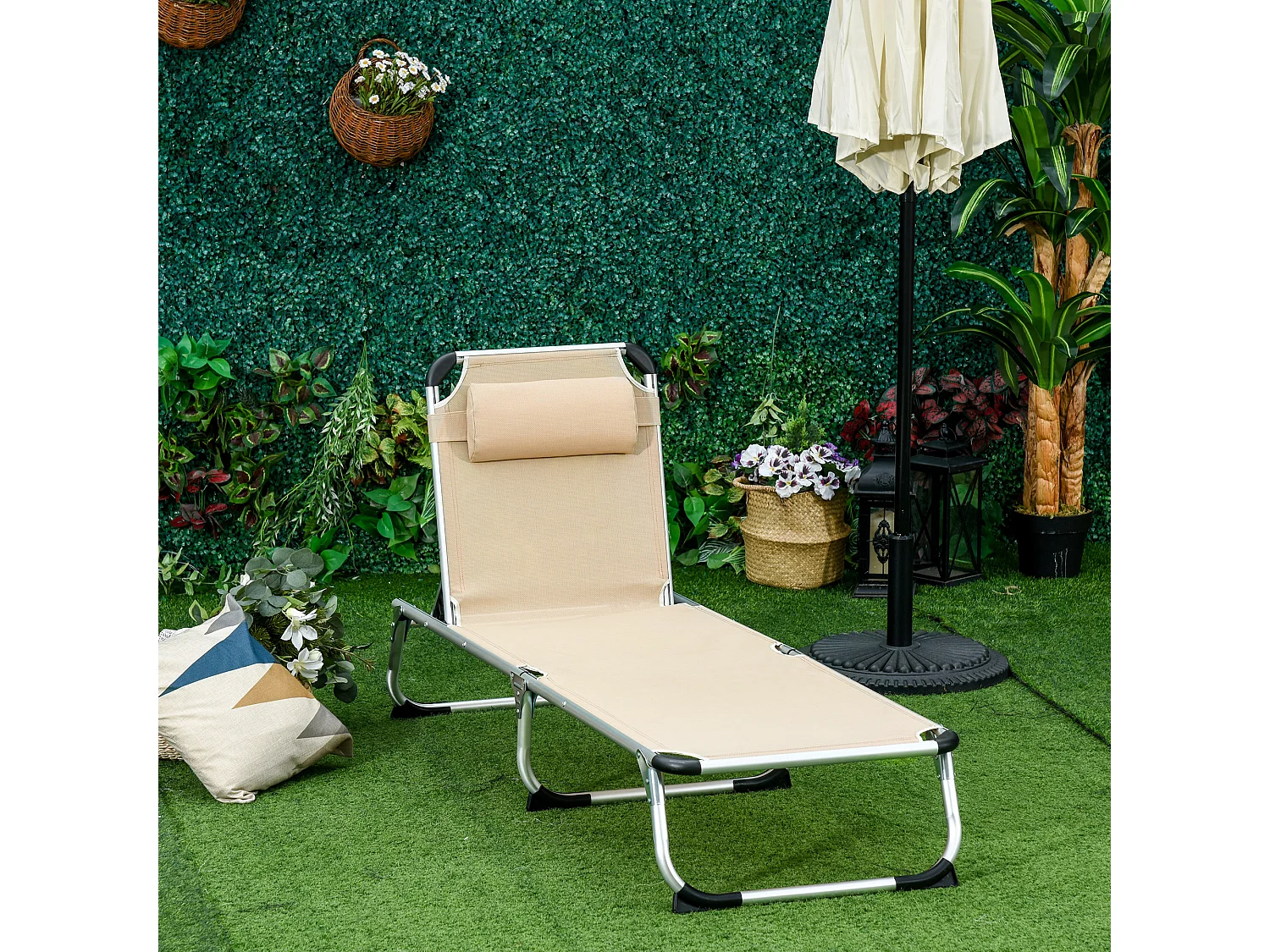 Opvouwbare tuinligstoel, 5 verstelbare standen, aluminium, beige (170x60x76cm)