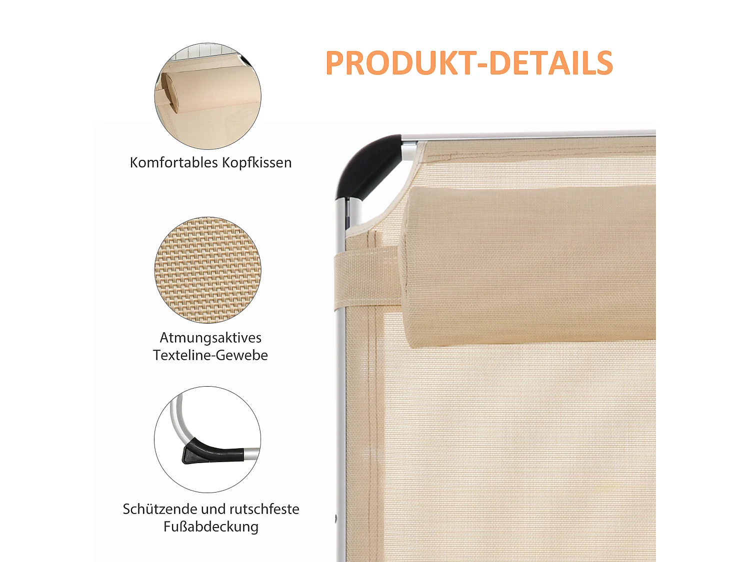 Opvouwbare tuinligstoel, 5 verstelbare standen, aluminium, beige (170x60x76cm)