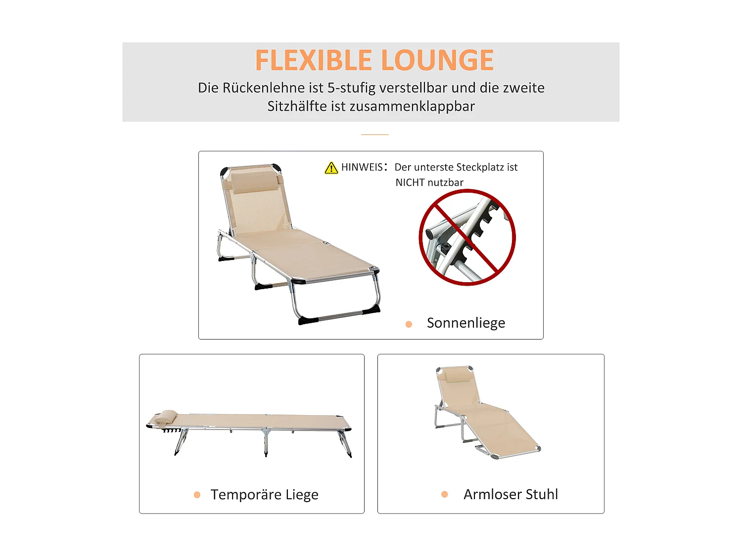 Opvouwbare tuinligstoel, 5 verstelbare standen, aluminium, beige (170x60x76cm)