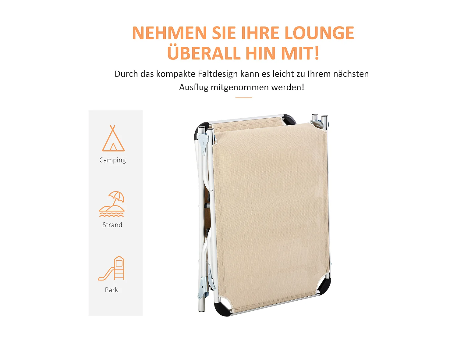 Opvouwbare tuinligstoel, 5 verstelbare standen, aluminium, beige (170x60x76cm)