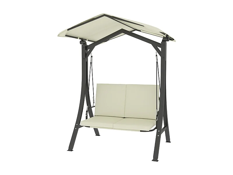 Chaise longue met verstelbaar dak, 2 zitplaatsen, metalen frame, polyester stof, crème (150x120x182 cm)