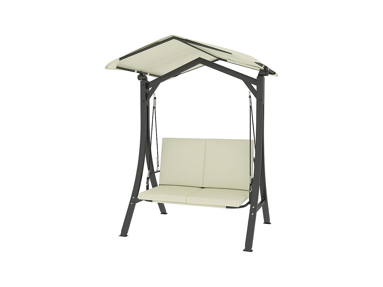 Chaise longue avec toit réglable, 2 places, cadre en métal, tissu polyester, crème (150x120x182 cm)