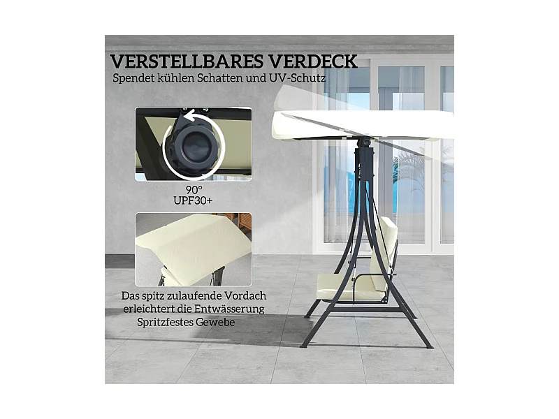 Chaise longue avec toit réglable, 2 places, cadre en métal, tissu polyester, crème (150x120x182 cm)