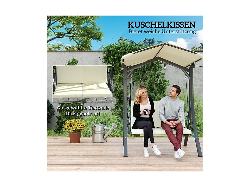 Chaise longue avec toit réglable, 2 places, cadre en métal, tissu polyester, crème (150x120x182 cm)