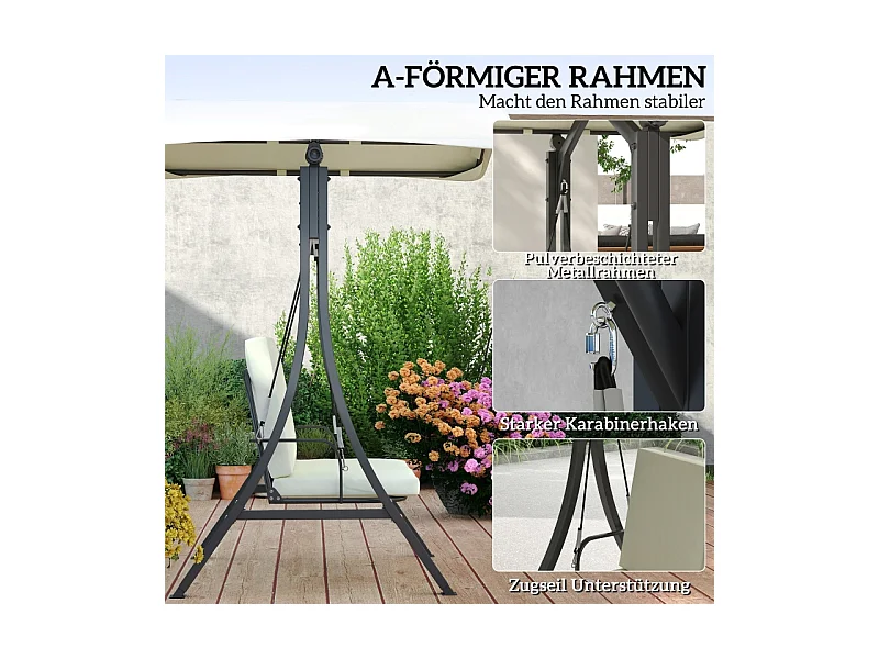 Chaise longue avec toit réglable, 2 places, cadre en métal, tissu polyester, crème (150x120x182 cm)