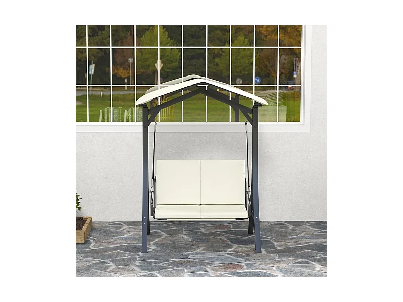 Chaise longue avec toit réglable, 2 places, cadre en métal, tissu polyester, crème (150x120x182 cm)