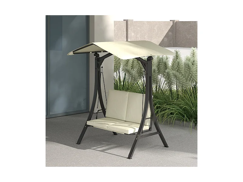 Chaise longue avec toit réglable, 2 places, cadre en métal, tissu polyester, crème (150x120x182 cm)