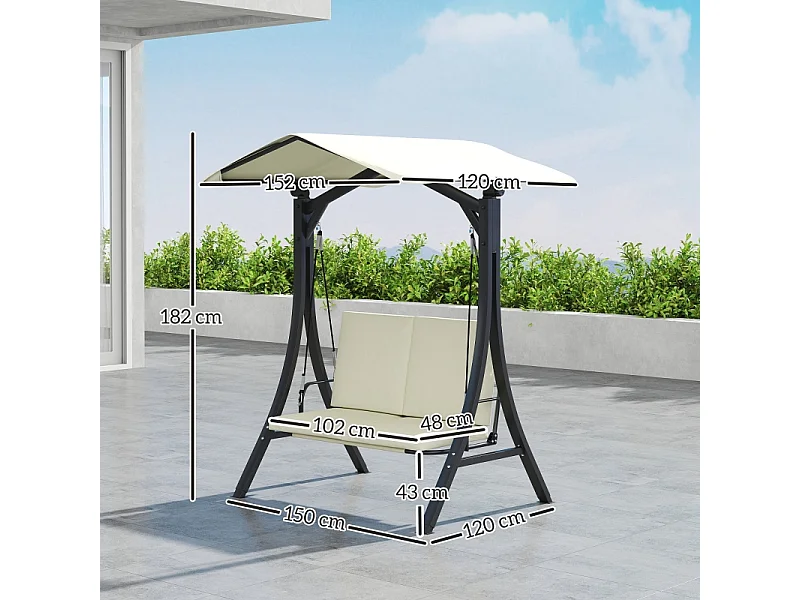 Chaise longue avec toit réglable, 2 places, cadre en métal, tissu polyester, crème (150x120x182 cm)