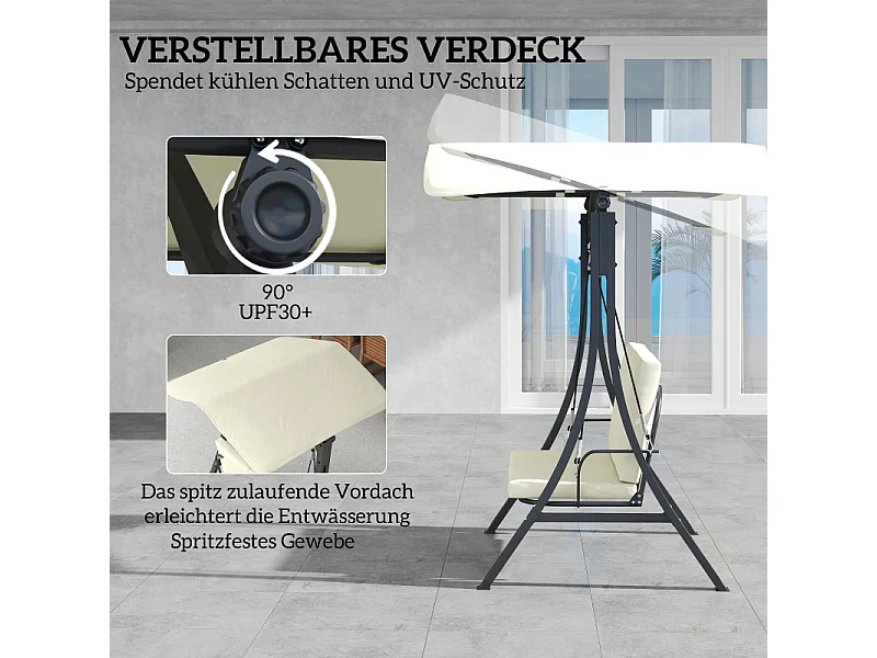 Chaise longue avec toit réglable, 2 places, cadre en métal, tissu polyester, crème (150x120x182 cm)