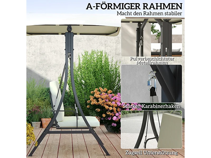 Chaise longue avec toit réglable, 2 places, cadre en métal, tissu polyester, crème (150x120x182 cm)