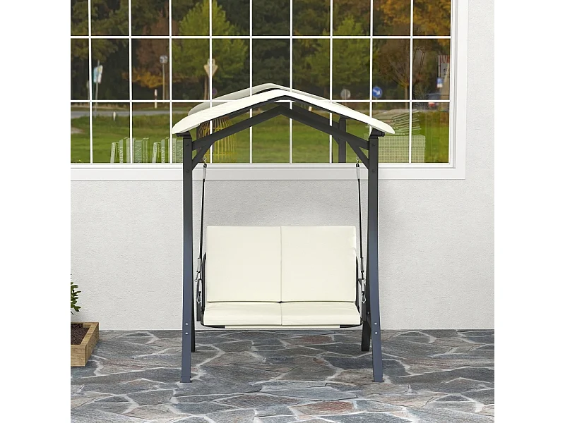 Chaise longue avec toit réglable, 2 places, cadre en métal, tissu polyester, crème (150x120x182 cm)