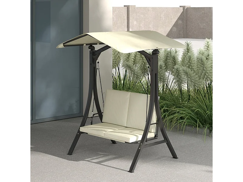 Chaise longue avec toit réglable, 2 places, cadre en métal, tissu polyester, crème (150x120x182 cm)