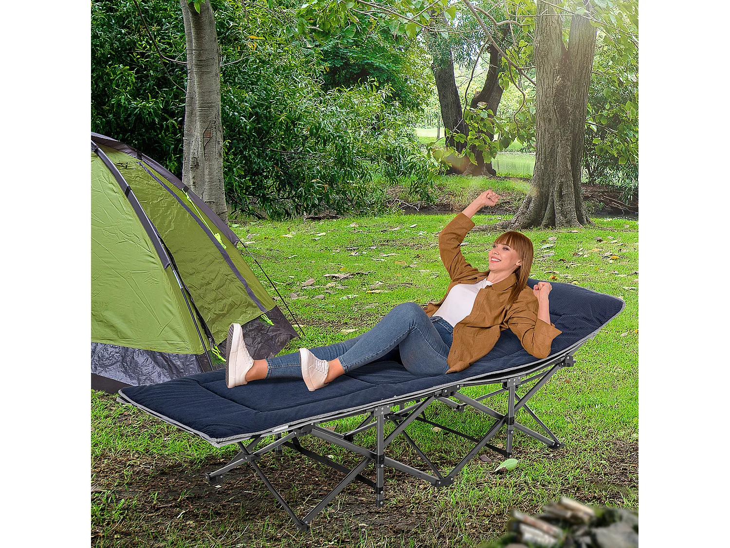 Lit de camping pliant avec coussin, poche latérale, mousse confortable, polyester, bleu foncé et gris (188x64.5x53cm)